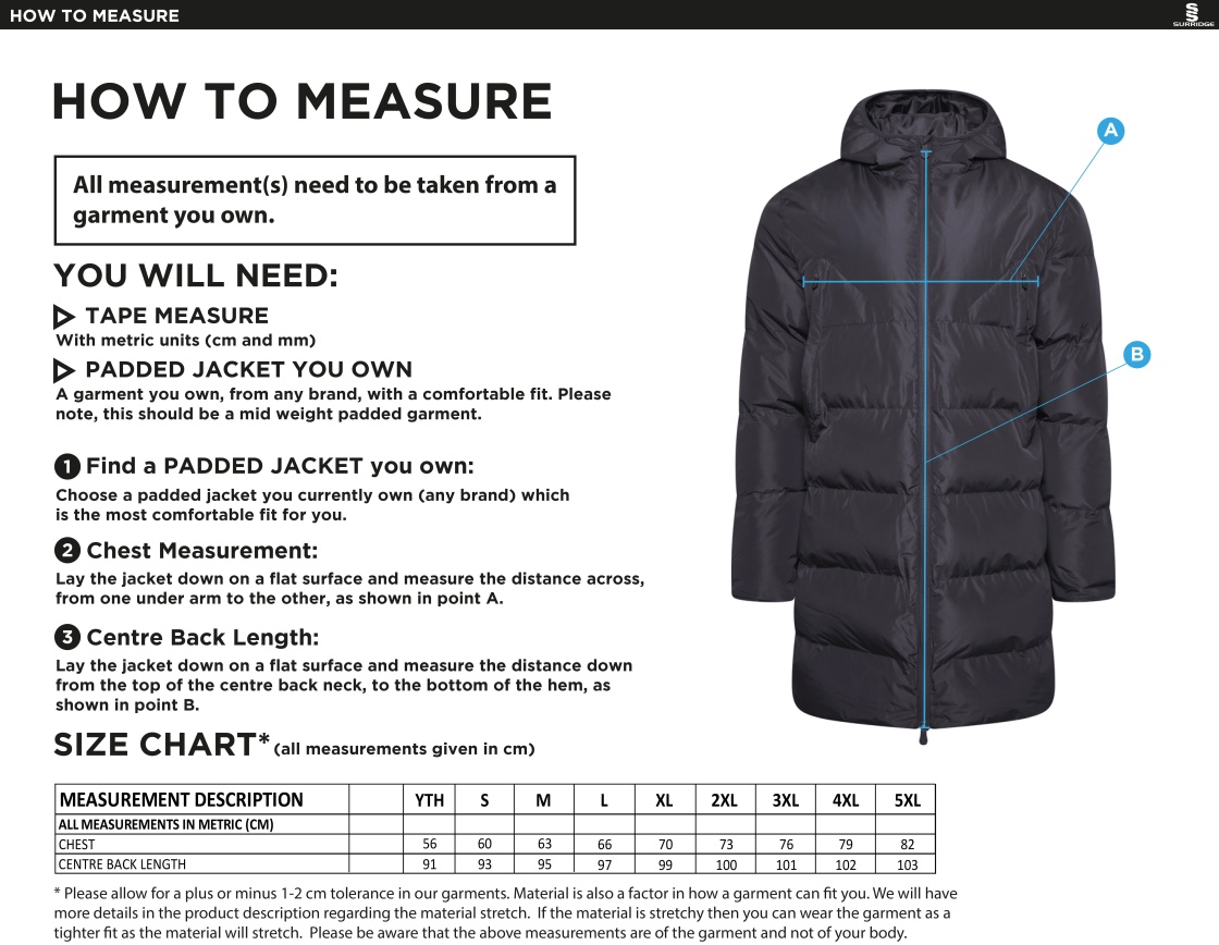 Swansea University Sport - Active Long Padded Jacket - Unisex Fit - Size Guide