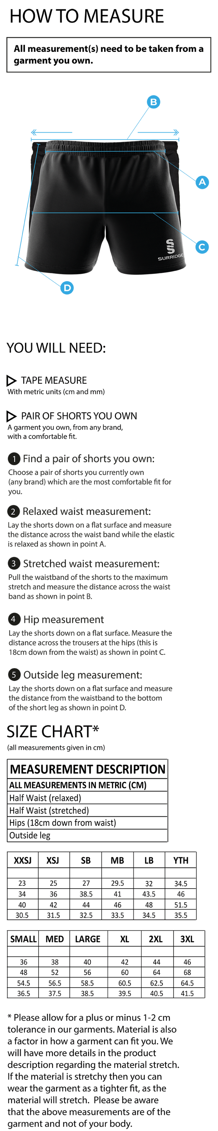 Swansea University Sport - Premier Rugby Short - Unisex Fit - Size Guide