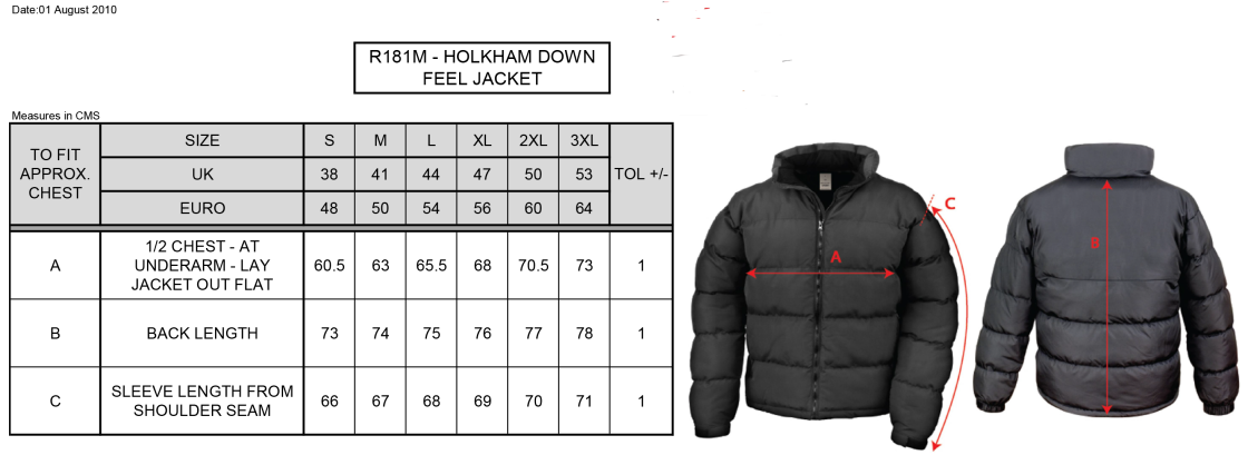 Swansea University - Men's Holkham Down Feel Jacket - Size Guide