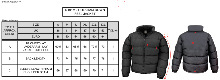 Swansea University - Men's Holkham Down Feel Jacket - Size Guide