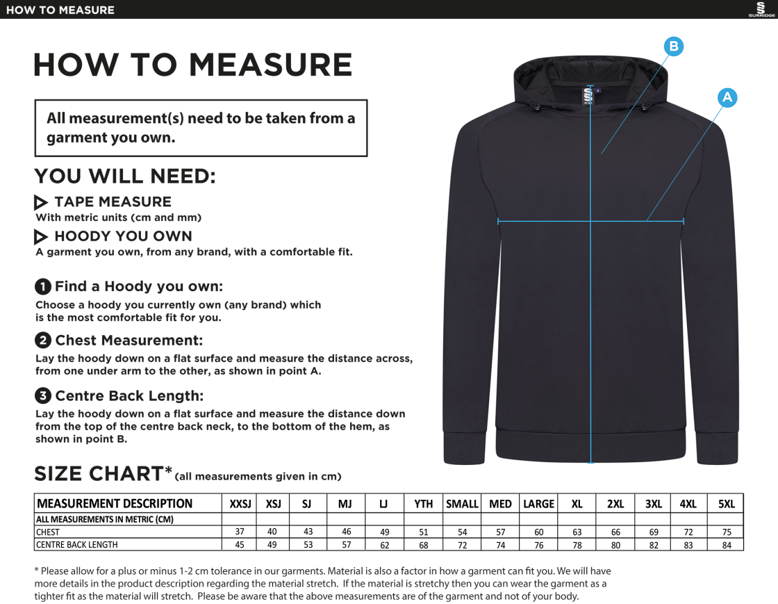 Swansea University Sport - Active Hoody - Unisex Fit - Size Guide