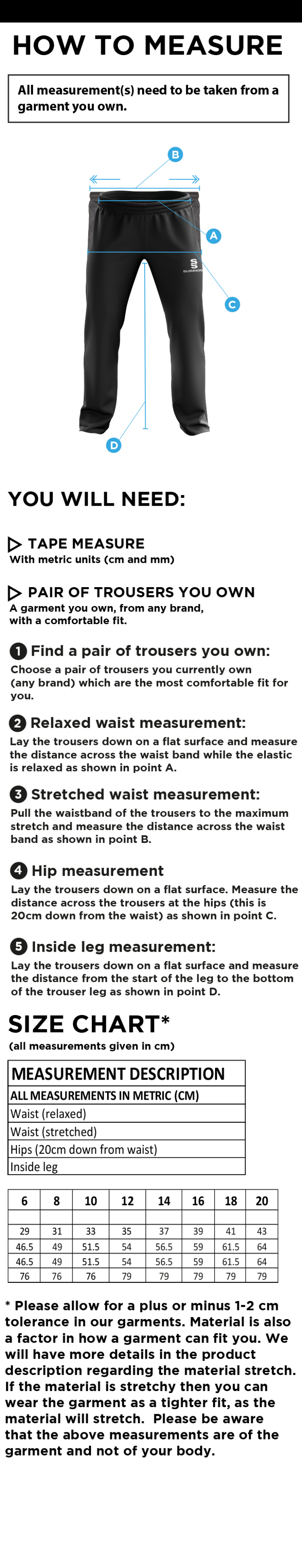 Swansea University Sport - Dual Poplin Track Pant With Lycra - Women's Fit - Size Guide