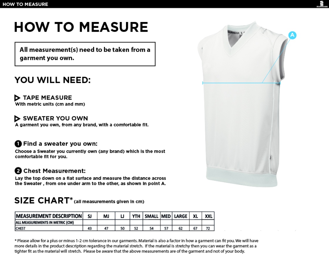 Swansea University - Cricket - Sleeveless Sweater - Size Guide