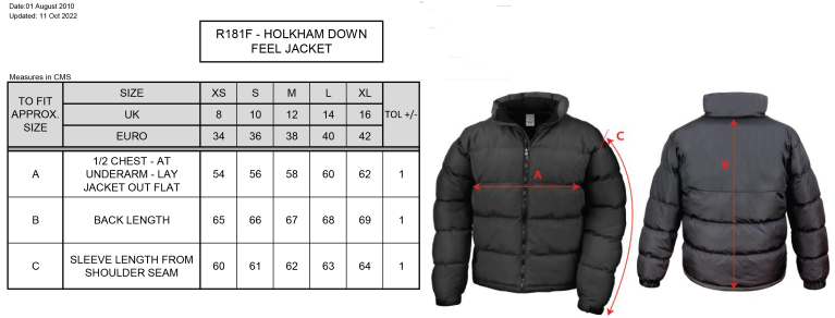Swansea University Sport - Holkham Down Feel Jacket - Women's Fit - Size Guide