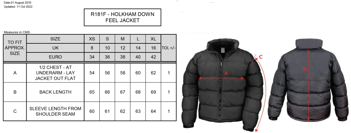 Swansea University - Women's Holkham Down Feel Jacket - Size Guide