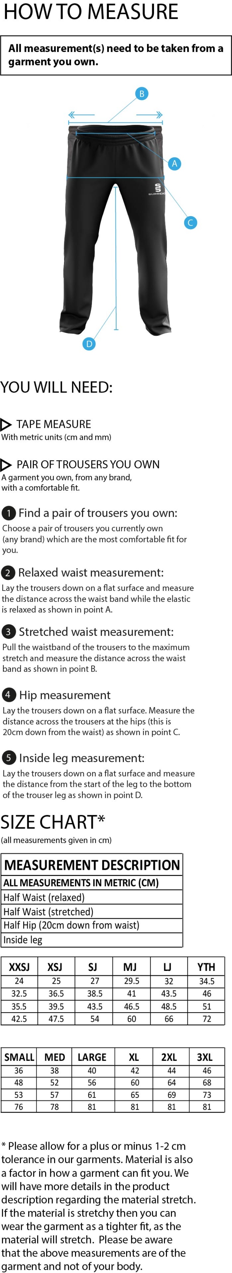 Swansea University Sport - Dual Poplin Track Pant With Lycra - Unisex Fit - Size Guide