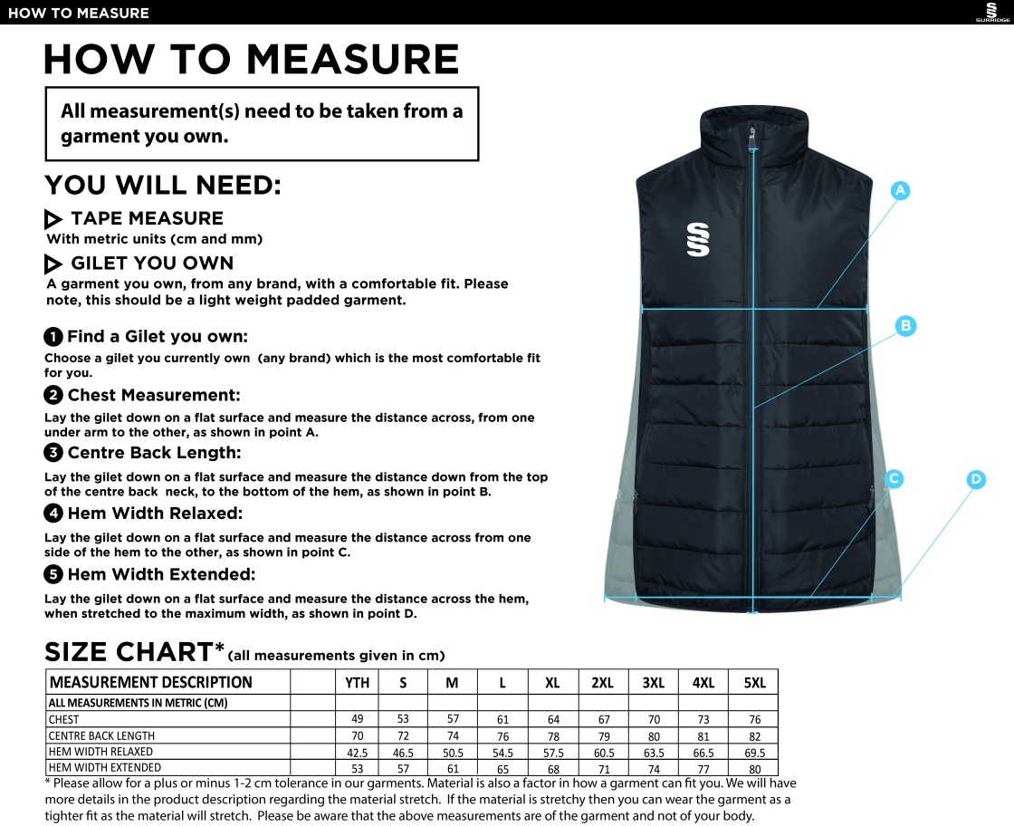 Swansea University Sport - Active Gilet - Unisex Fit - Size Guide