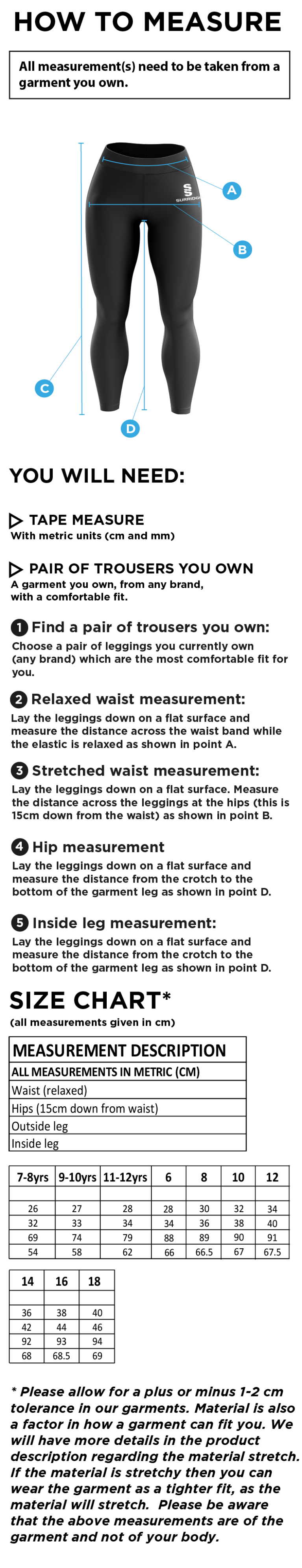 Swansea University Sport - Performance Full Length Leggings - Women's Fit - Size Guide