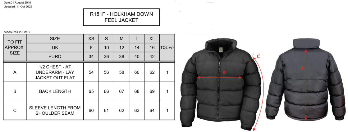 Swansea University Sport - Holkham Down Feel Jacket - Women's Fit - Size Guide