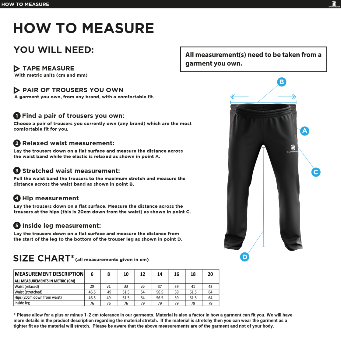 Swansea University - Women's Poplin Track Pant - Size Guide