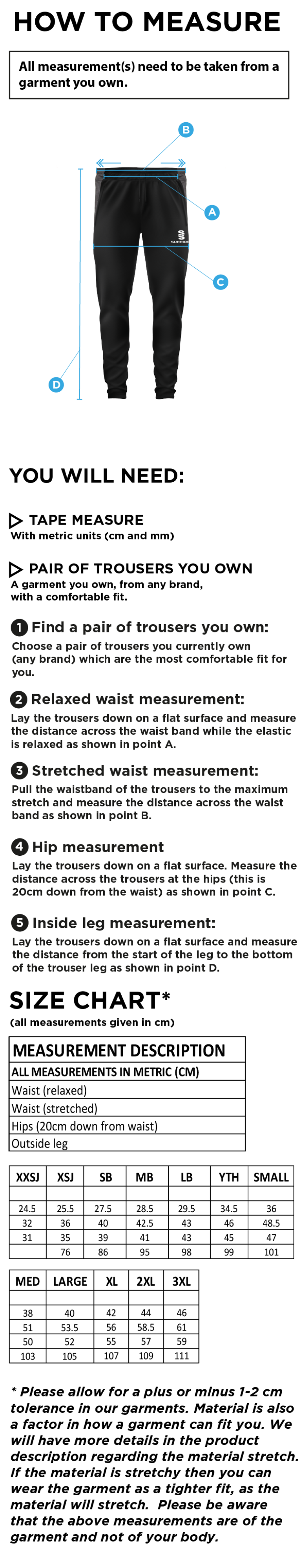 Swansea University Sport - Tek Slim Training Pants - Unisex Fit - Size Guide