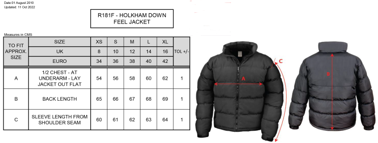 Swansea University - Women's Holkham Down Feel Jacket - Size Guide