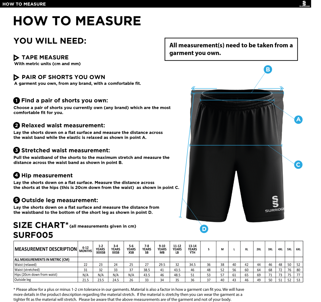 Swansea University Sport - Match Short - Unisex Fit - Size Guide