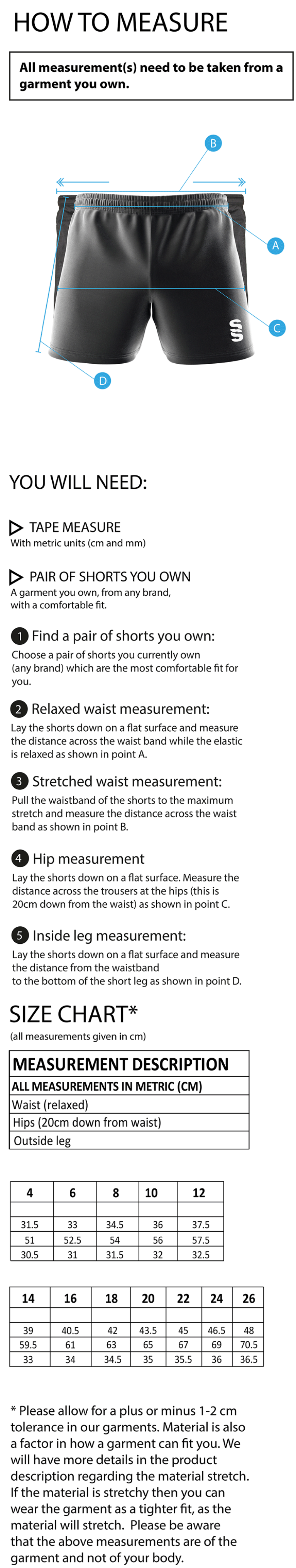 Swansea University Sport - Match Short - Women's Fit - Size Guide