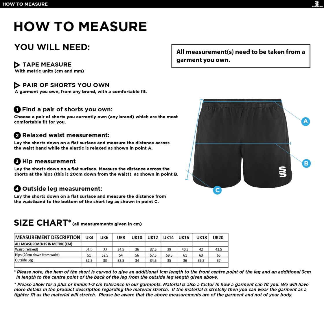 Swansea University Sport - Performance Gym Short - Women's Fit - Size Guide
