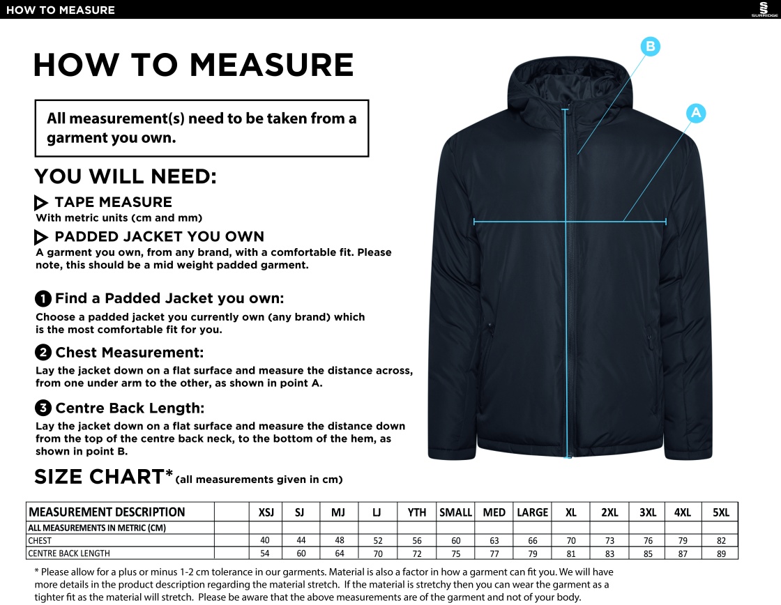 Swansea University Sport - Active Padded Jacket - Unisex Fit - Size Guide