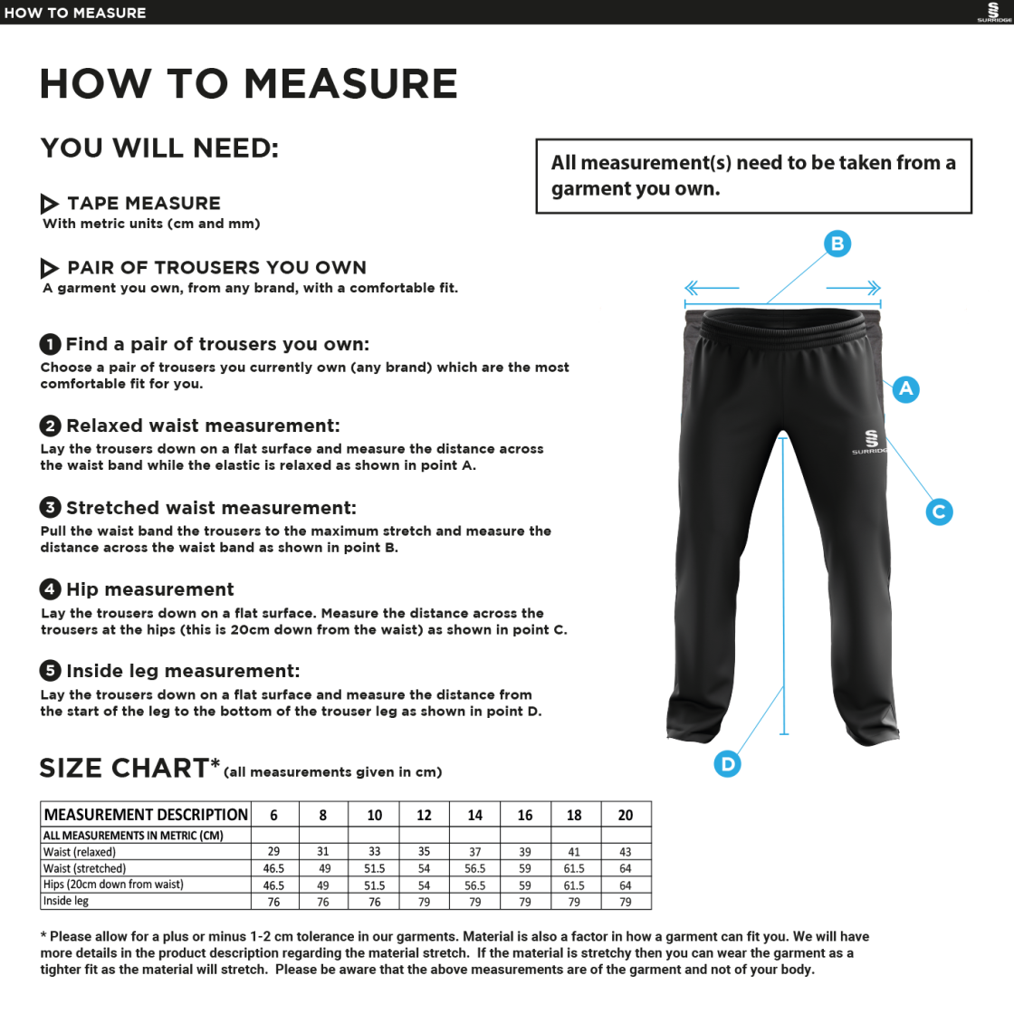 Swansea University Sport - Dual Poplin Track Pant With Lycra - Women's Fit - Size Guide