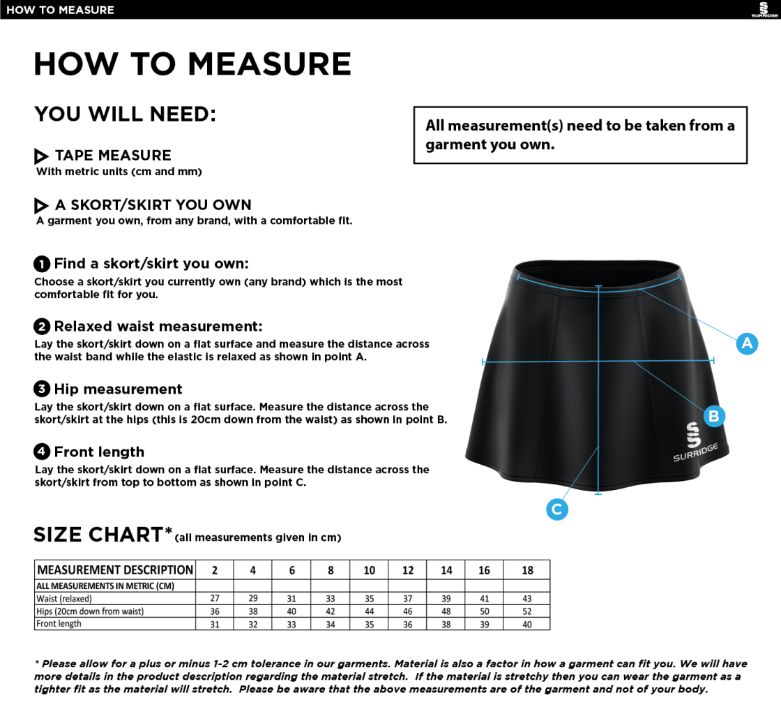 Swansea University Sport - Blade Skort - Women's Fit - Size Guide