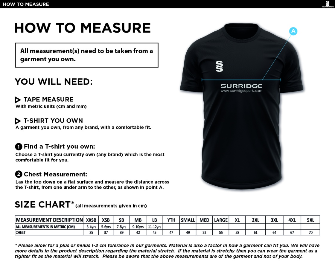 Swansea University - Cricket - Gym T-Shirt - Size Guide