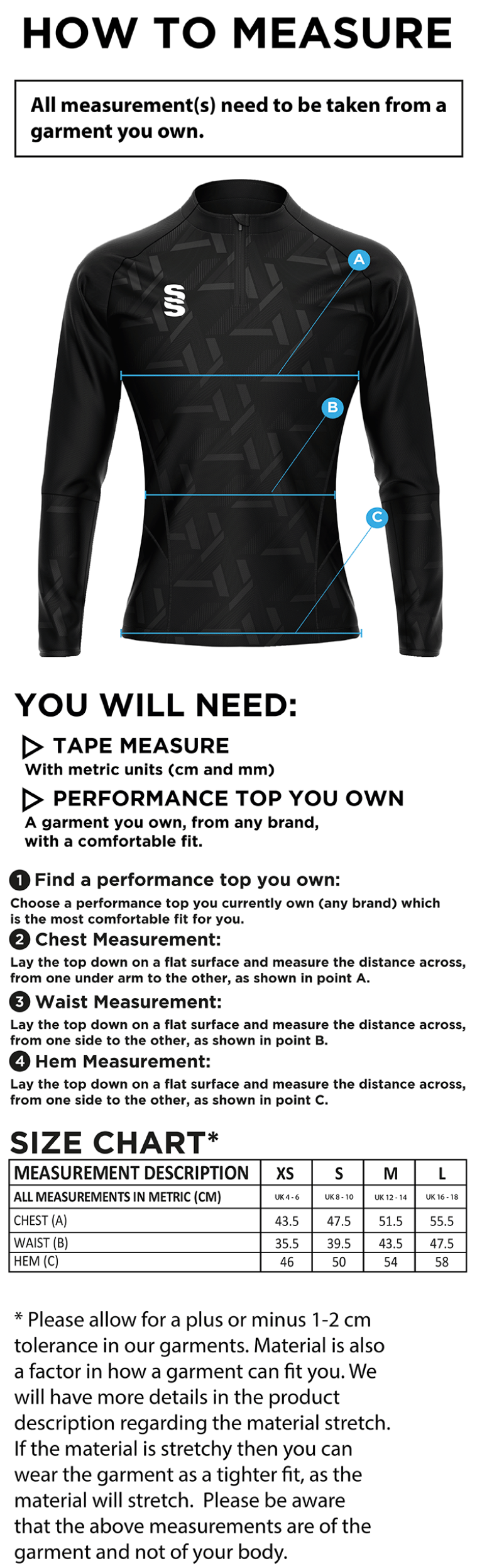 Swansea University Sport - Impact 1/4 Zip Performance Top - Women's Fit - Size Guide