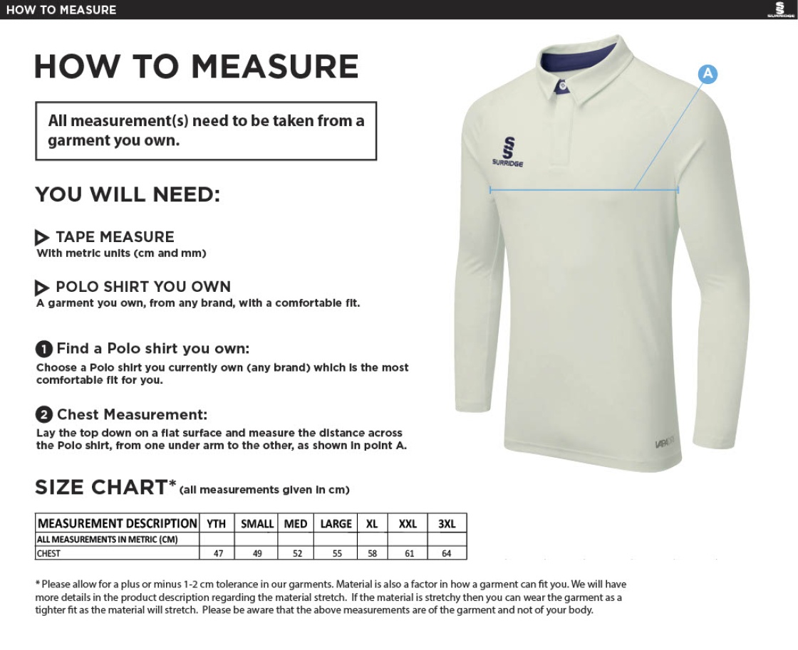 Swansea University - Cricket - Shirt Long Sleeve - Size Guide