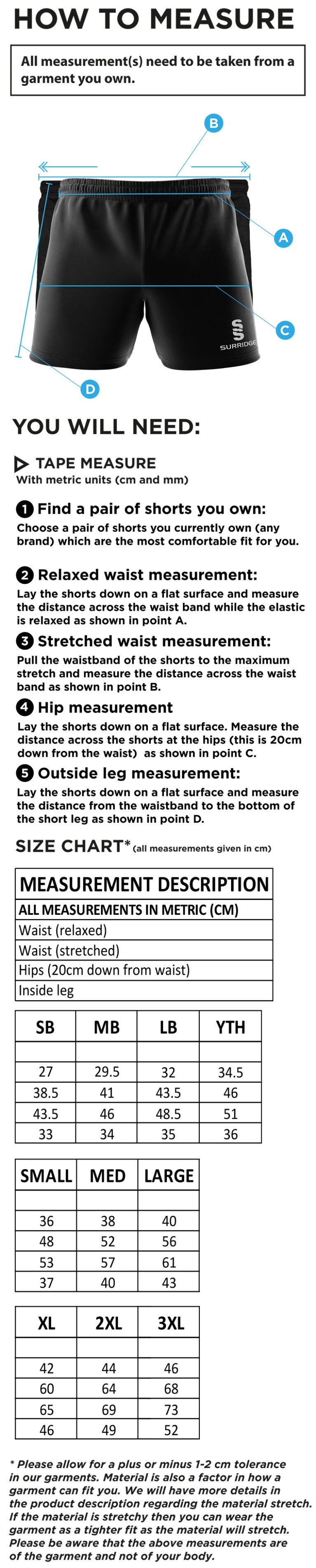 Swansea University - Performance Gym Short - Size Guide