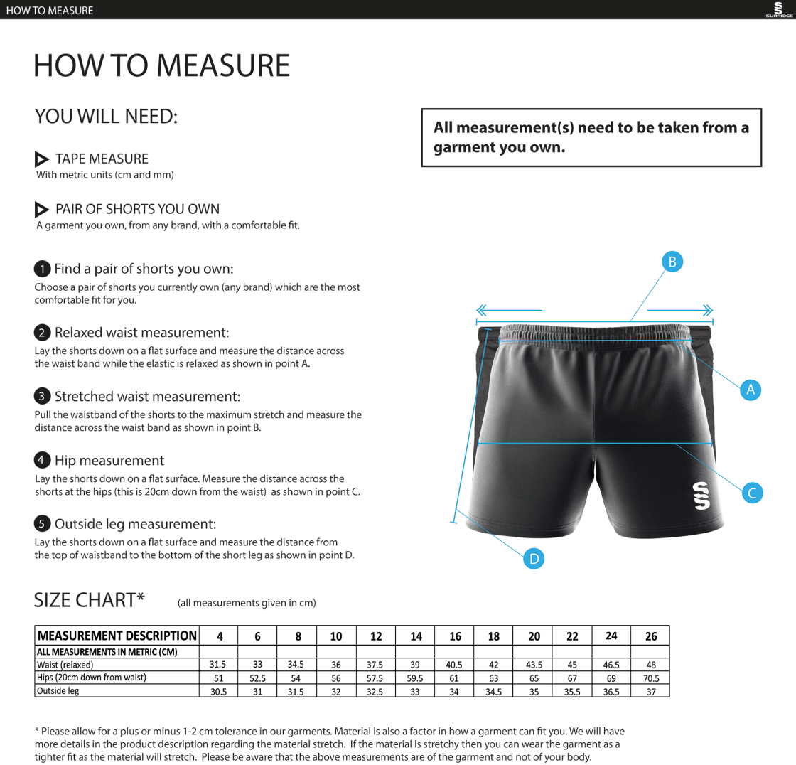 Swansea University Sport - Match Short - Women's Fit - Size Guide