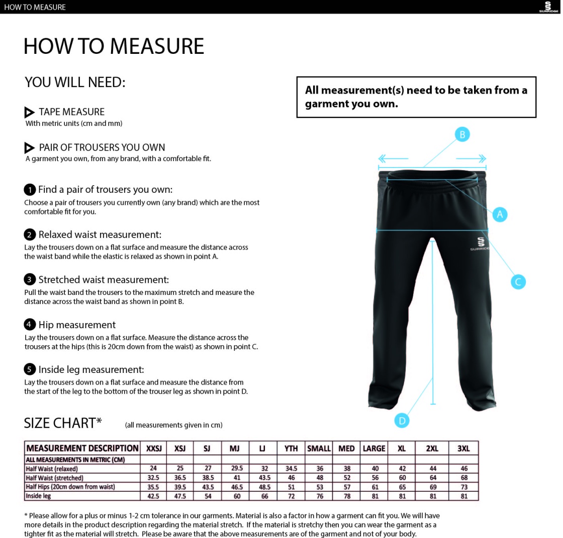 Swansea University Sport - Dual Poplin Track Pant With Lycra - Unisex Fit - Size Guide