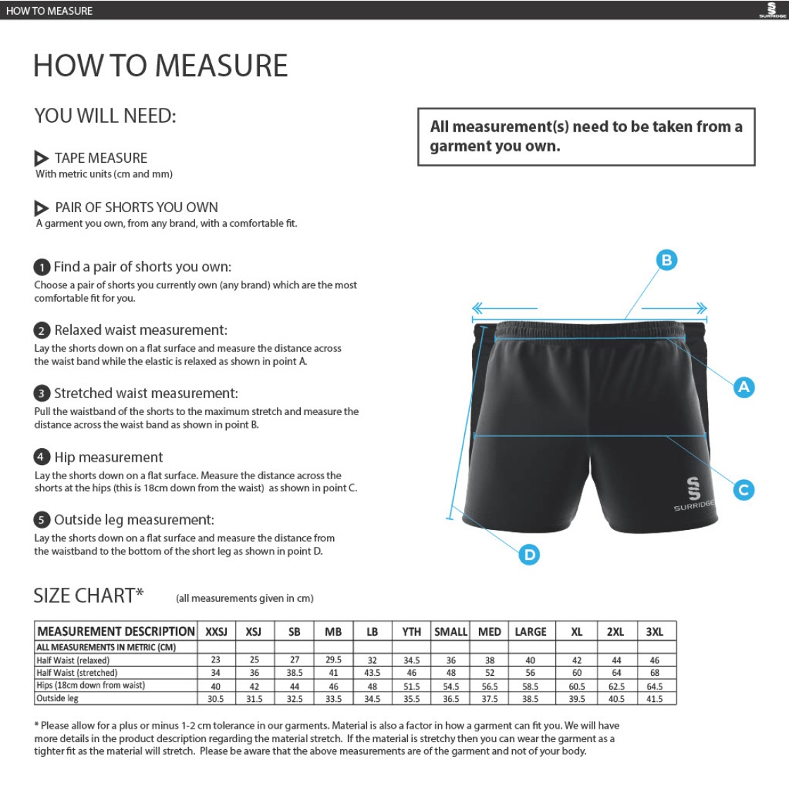 Swansea University Sport - Premier Rugby Short - Unisex Fit - Size Guide