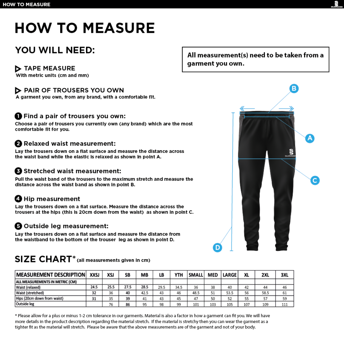 Swansea University Sport - Tek Slim Training Pants - Unisex Fit - Size Guide