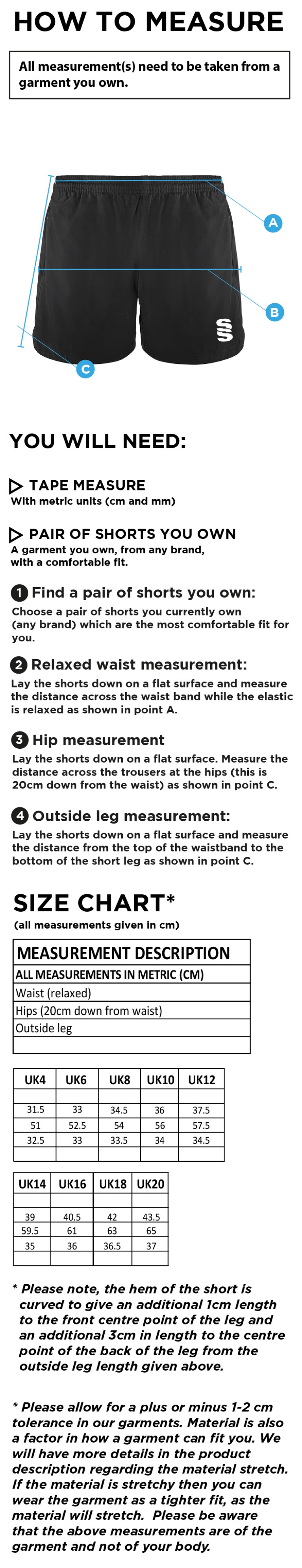Swansea University Sport - Performance Gym Short - Women's Fit - Size Guide