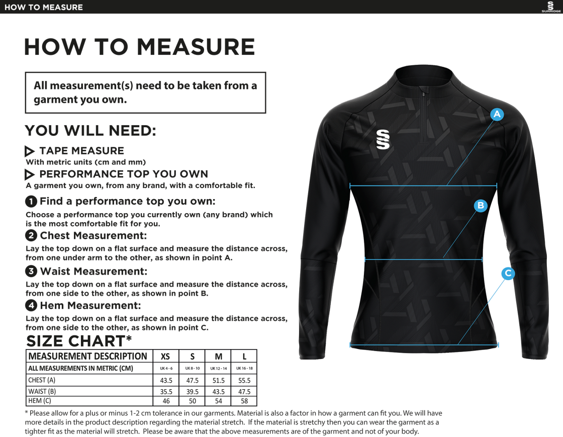 Swansea University Sport - Impact 1/4 Zip Performance Top - Women's Fit - Size Guide