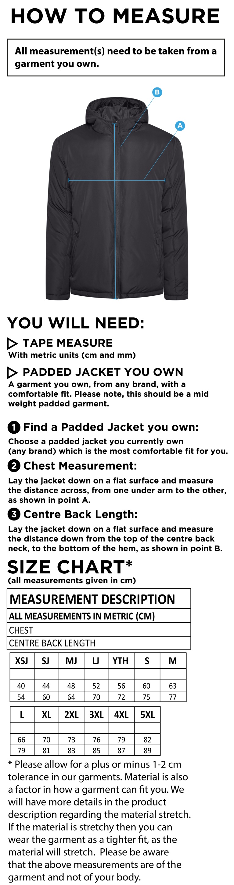 Swansea University Sport - Active Padded Jacket - Unisex Fit - Size Guide