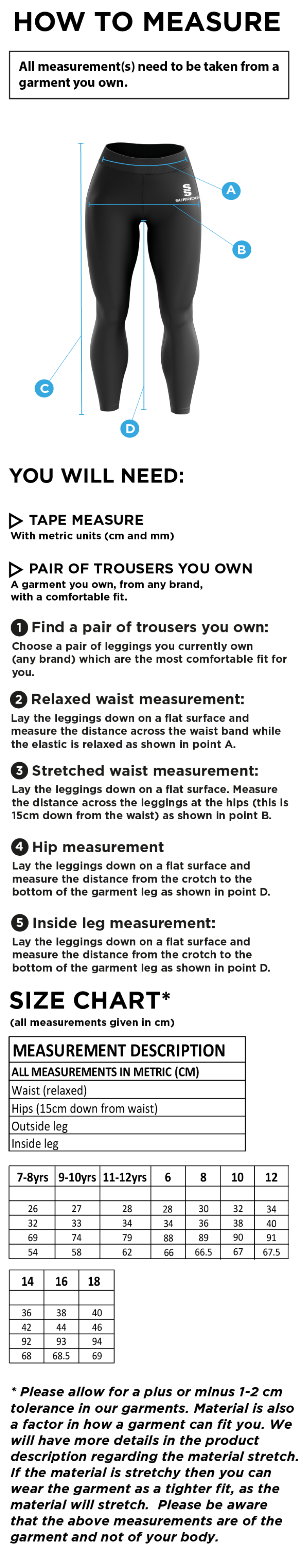 Swansea University - Performance Full Length Leggings - Size Guide