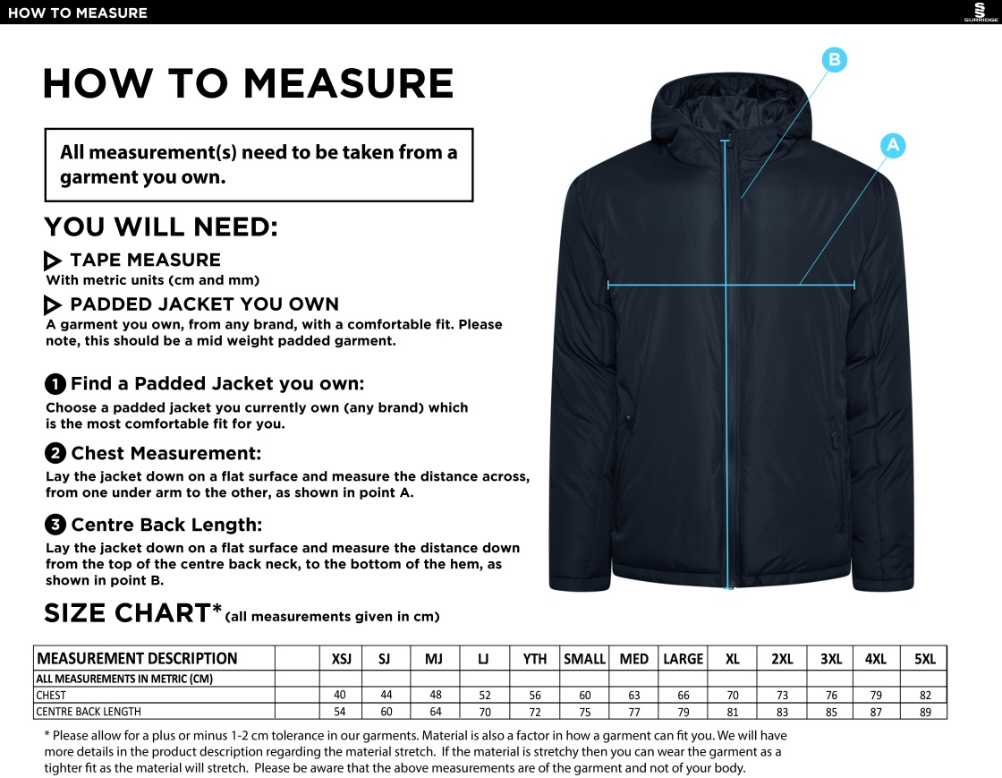 Swansea University Sport - Active Padded Jacket - Unisex Fit - Size Guide
