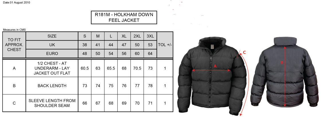 Swansea University Sport - Holkham Down Feel Jacket - Unisex Fit - Size Guide