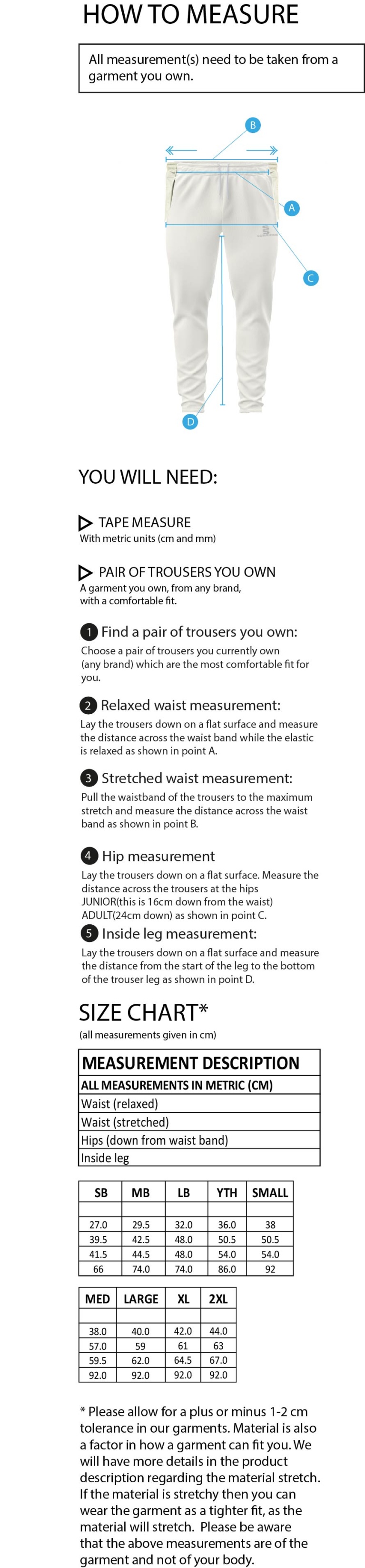 Swansea University - Cricket - Ergo Playing Pant - Size Guide