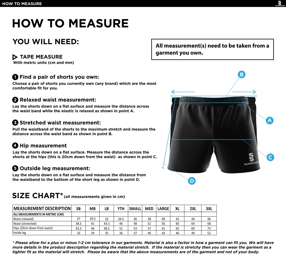 Swansea University - Performance Gym Short - Size Guide