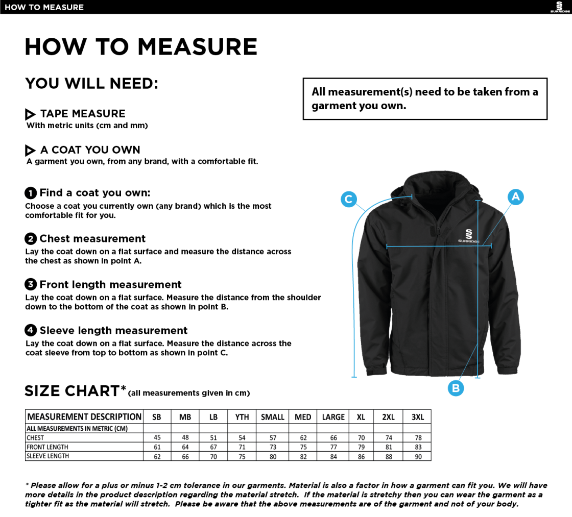 Swansea University - Dual Fleece Lined Jacket - Size Guide