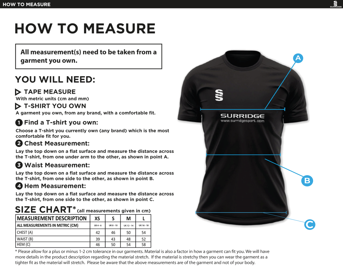 Swansea University Sport - Dual Games Shirt - Women's Fit - Size Guide
