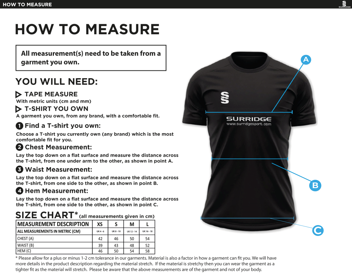 Swansea University - Cricket - Women's Games Shirt - Size Guide