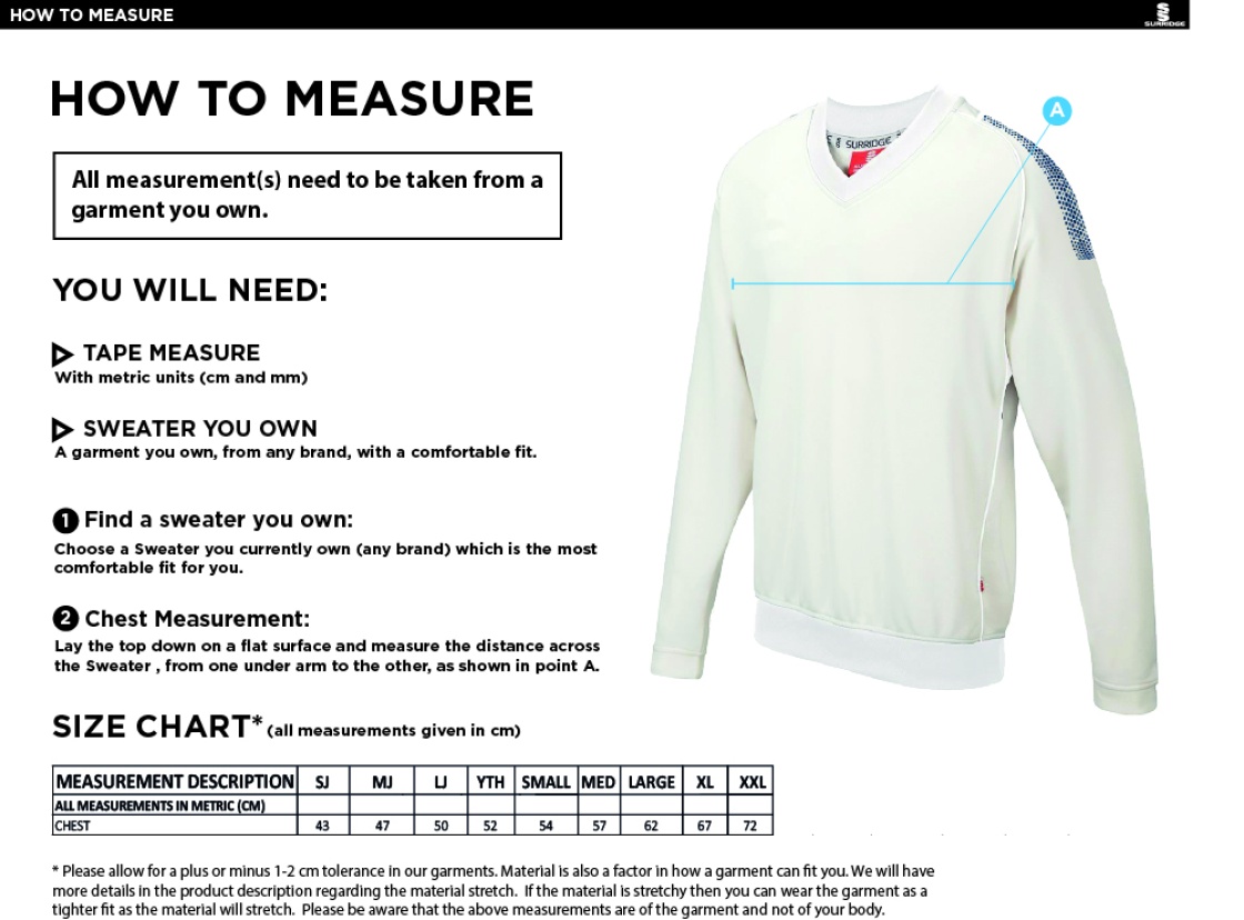 Swansea University - Cricket - Long Sleeve Sweater - Size Guide