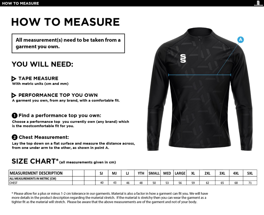 Swansea University Sport - Impact 1/4 Zip Performance Top - Unisex Fit - Size Guide
