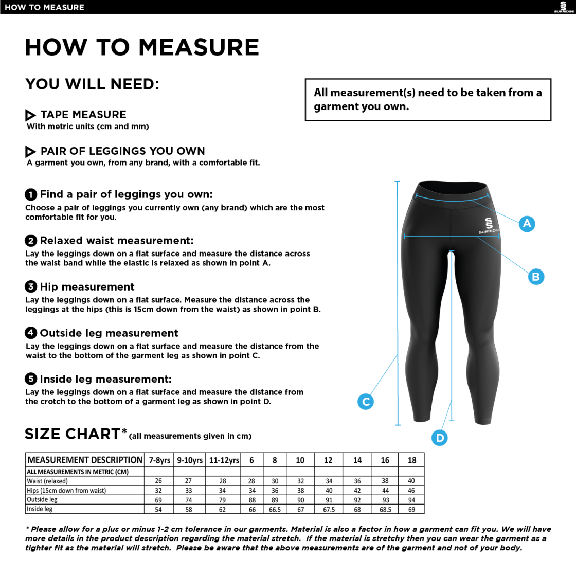 Swansea University Sport - Performance Full Length Leggings - Women's Fit - Size Guide