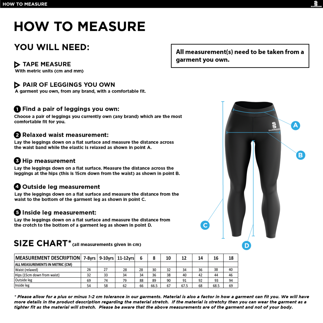 Swansea University - Performance Full Length Leggings - Size Guide