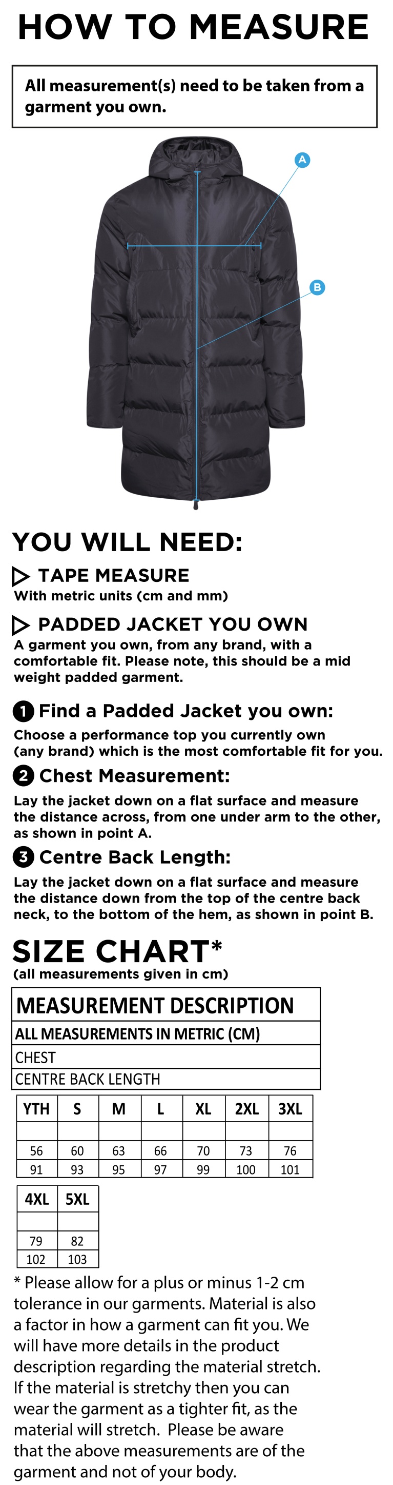 Swansea University Sport - Active Long Padded Jacket - Unisex Fit - Size Guide