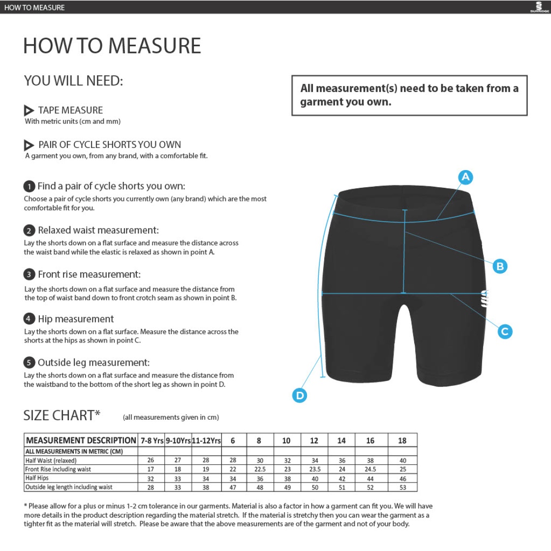 Swansea University Sport - Dual Cycling Short - Women's Fit - Size Guide